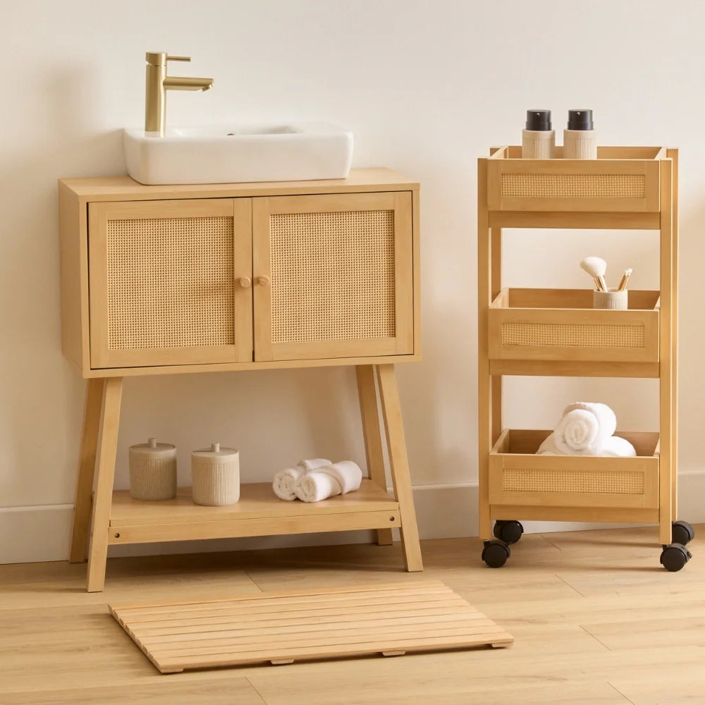 Japandi houten trolley met webbing-look Five®