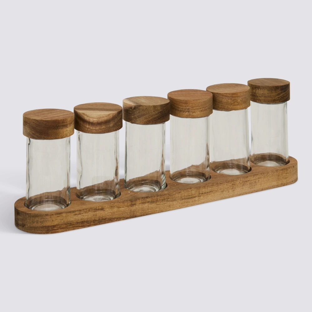 Kruidenpotjes in houder Acacia deksel en strooidop Five®