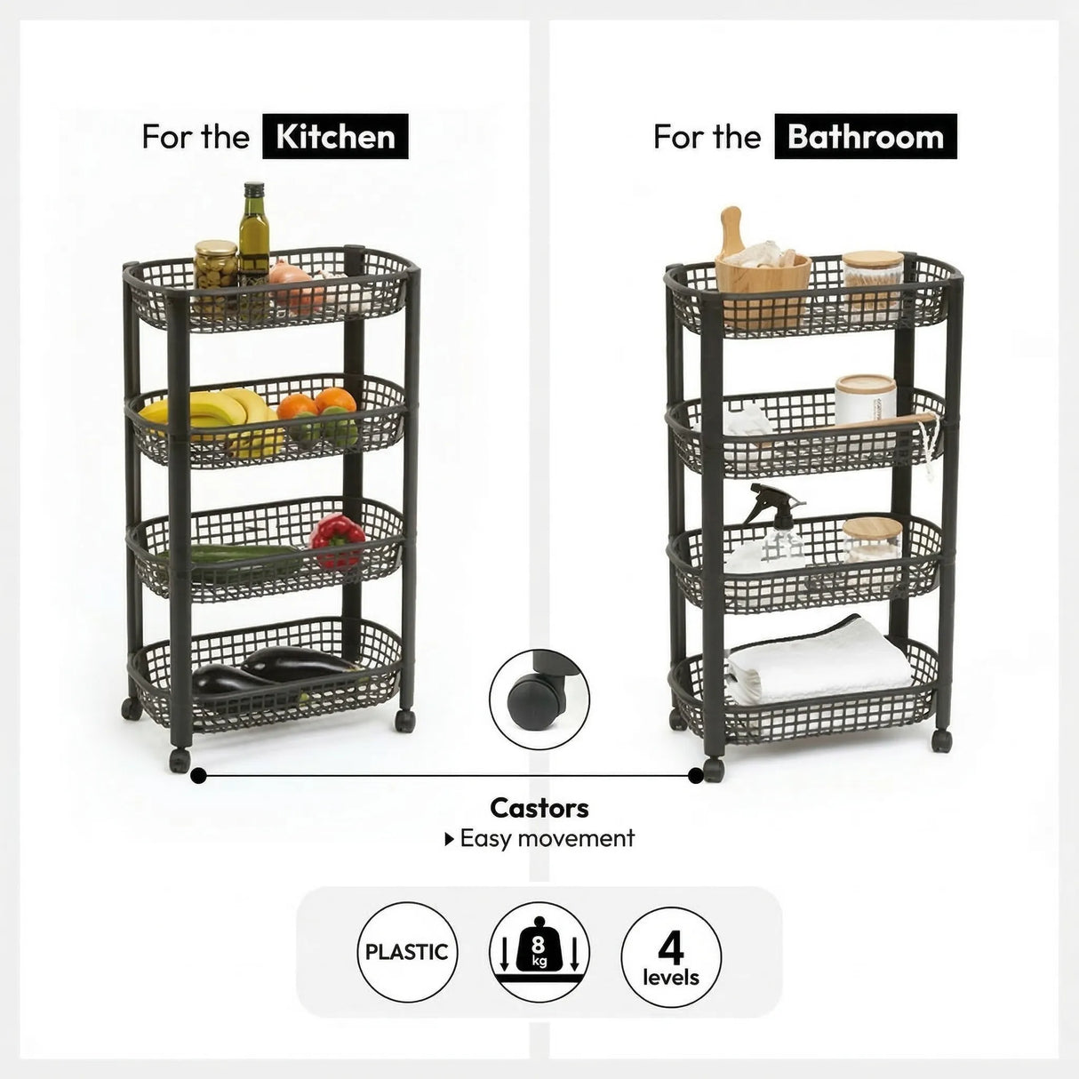 Kunststof zwarte trolley met 4 mandjes Five®